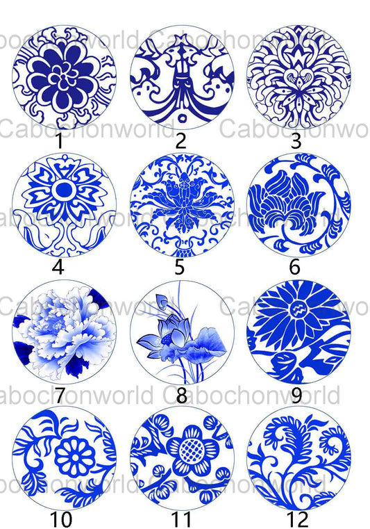 Collection de cabochons à motif en porcelaine bleue et blanche CW0306