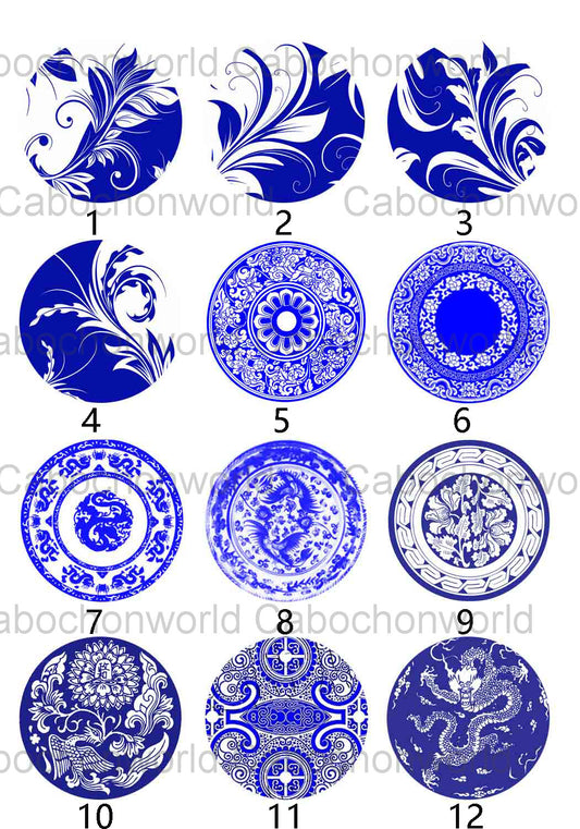 Collection de cabochons à motif en porcelaine bleue et blanche CW0307