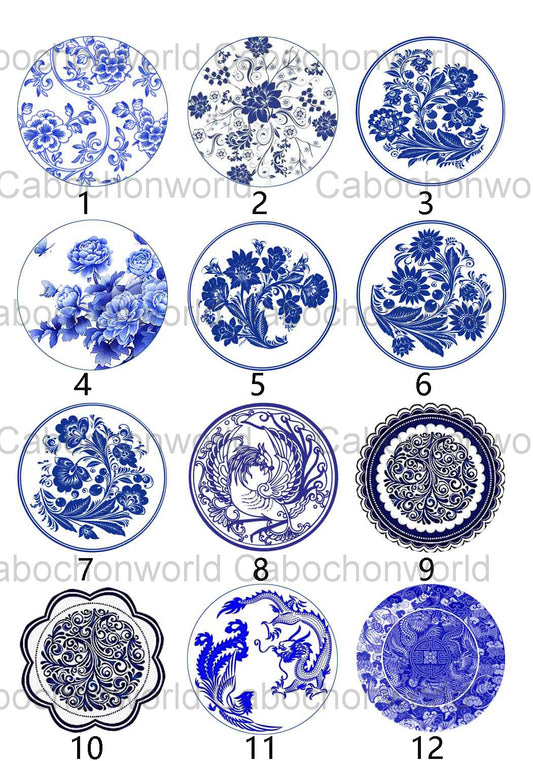 Collection de cabochons à motif en porcelaine bleue et blanche CW0308