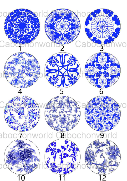 Collection de cabochons à motif en porcelaine bleue et blanche CW0309
