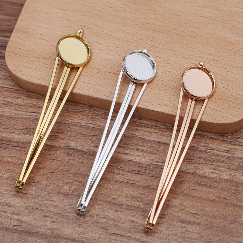 30 Plain Edge Bezel Cup Straight Hair Clip Hairpin 18KGP 12mm Round Cabochon Blank Base Gemstone Piece Setting