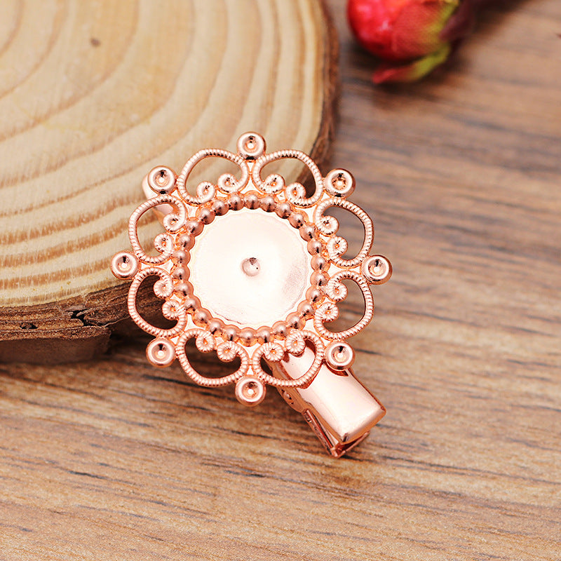 20 Floral Edge Bezel Cup Alligator Hairclip 18KGP 12mm Round Cabochon Blank Base Gemstone Setting