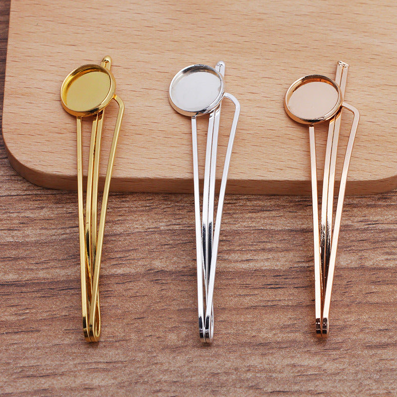 30 Plain Edge Bezel Cup Straight Hair Clip Hairpin 18KGP 12mm Round Cabochon Blank Base Gemstone Piece Setting