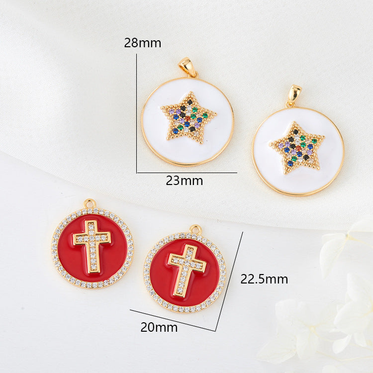 2 Cross Star Charm Pendant Enamel Epoxy 14K GF Rhinestone Embellished
