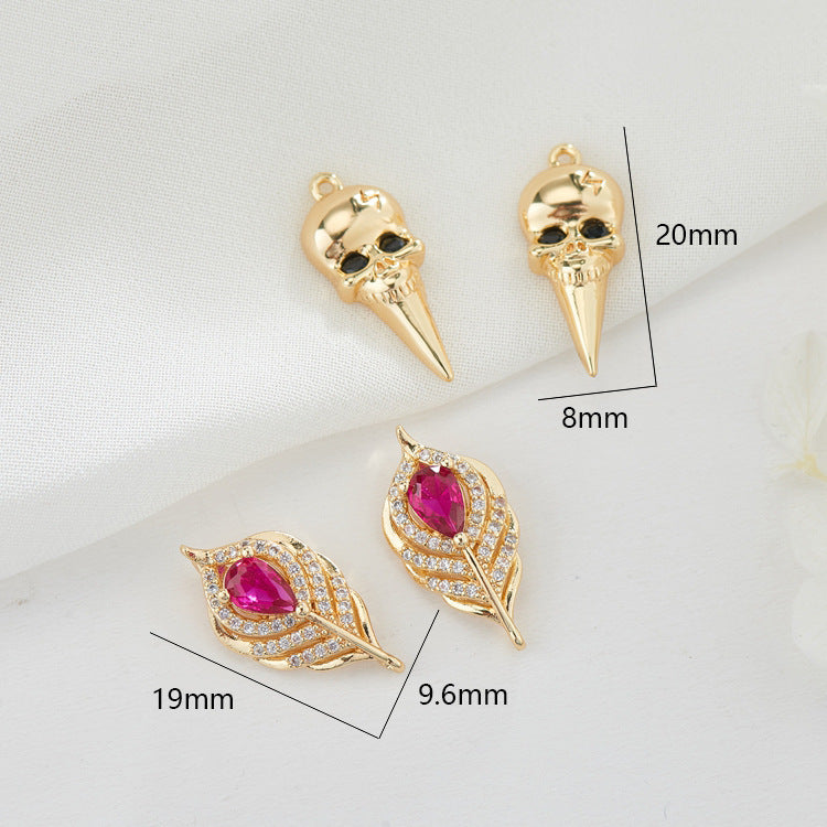 2 Feather Skull Charm Pendant Rhinestone Embellished 14K GF