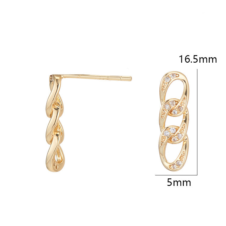 4 boucles d'oreilles à tige en chaîne torsadée incurvée, ornées de strass 14K GF