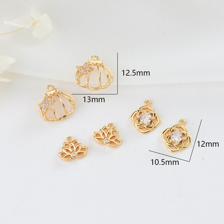 2 pendentifs à breloques en forme de coquille florale creuse ornés de strass 14K GF