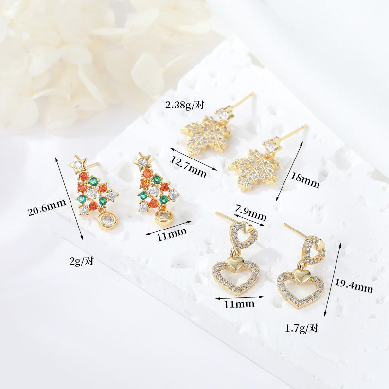 4 boucles d'oreilles à tige en forme de cœur et d'arbre de Noël en forme de feuille d'érable 14 carats GF ornées de strass
