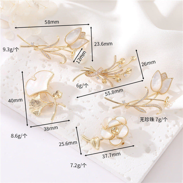 2 broches florales 14K GF strass embellies perle semi-percée perle vierge