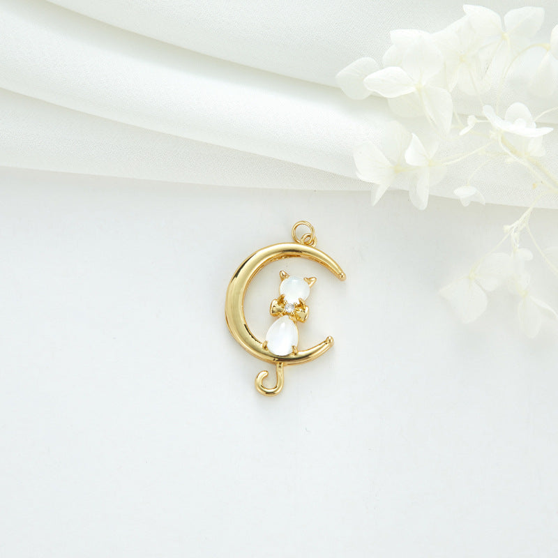 2 Cateye-Steine, Astronaut auf Mond, Rakete, Schwan, Katze, Charm-Anhänger, Harz, Strass, verziert, 14 K GF