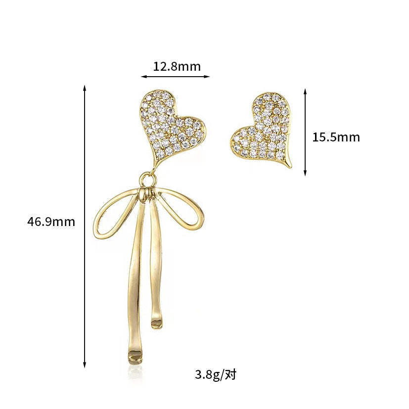 4 boucles d'oreilles à tige en forme de cœur avec nœud papillon, ornées de strass 14 carats GF