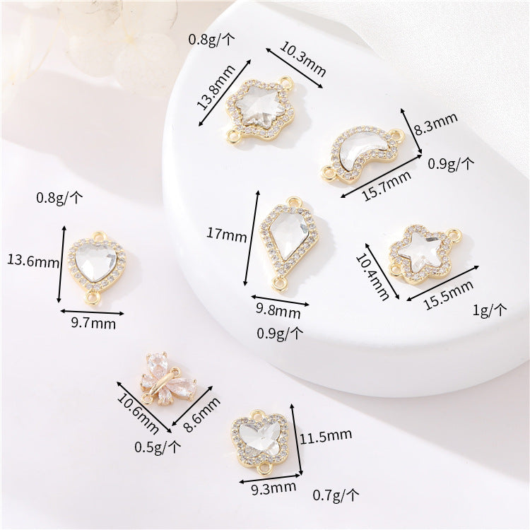 2 Double boucle étoile papillon coeur lune diamant charme connecteur strass embelli 14K GF
