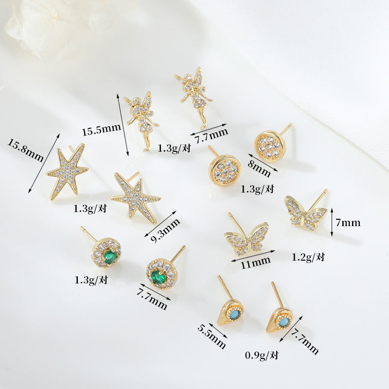 Boucles d'oreilles à tige rondes en forme d'ange 4 étoiles, goutte d'eau, papillon, ornées de strass 14K GF
