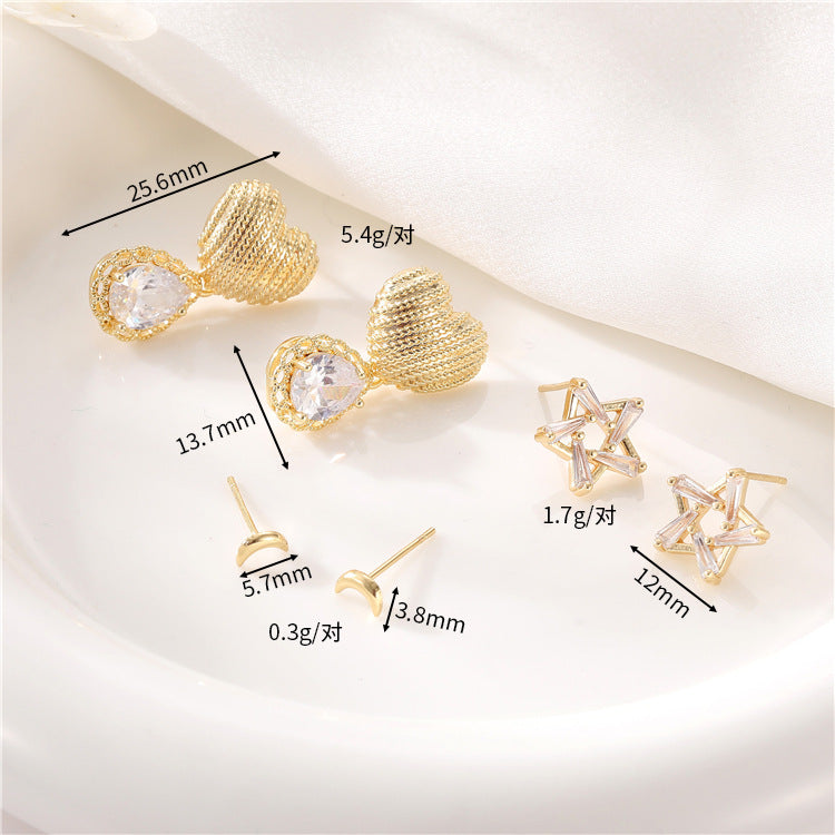 Boucles d'oreilles à tige en forme de cœur et d'étoile de lune, 4 pièces, ornées de strass 14K GF