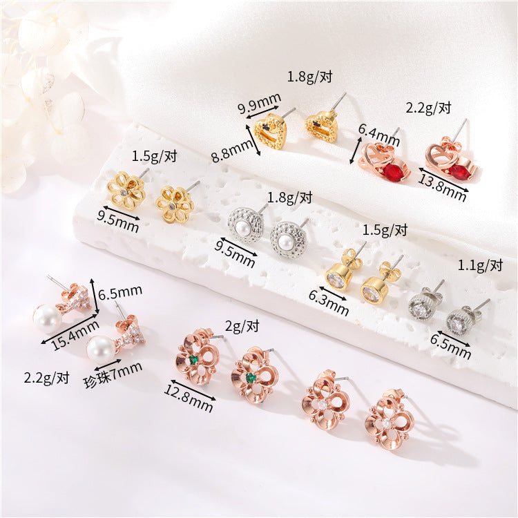 4 boucles d'oreilles à tige en forme de cœur floral, ornées de strass GF 14 carats