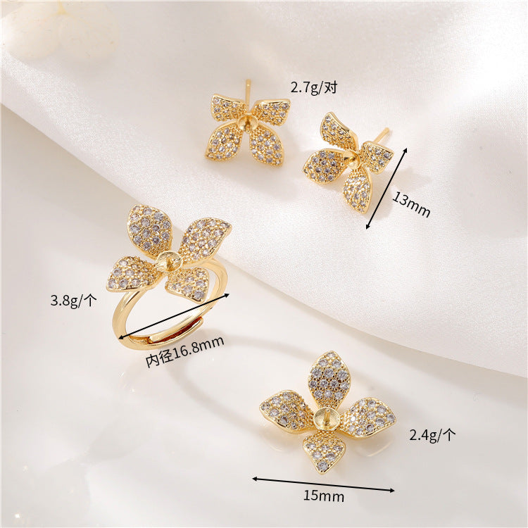 2 boucles d'oreilles pendantes à breloque florale, bague de déclaration ornée de strass 14K GF, perle semi-percée, perle vierge
