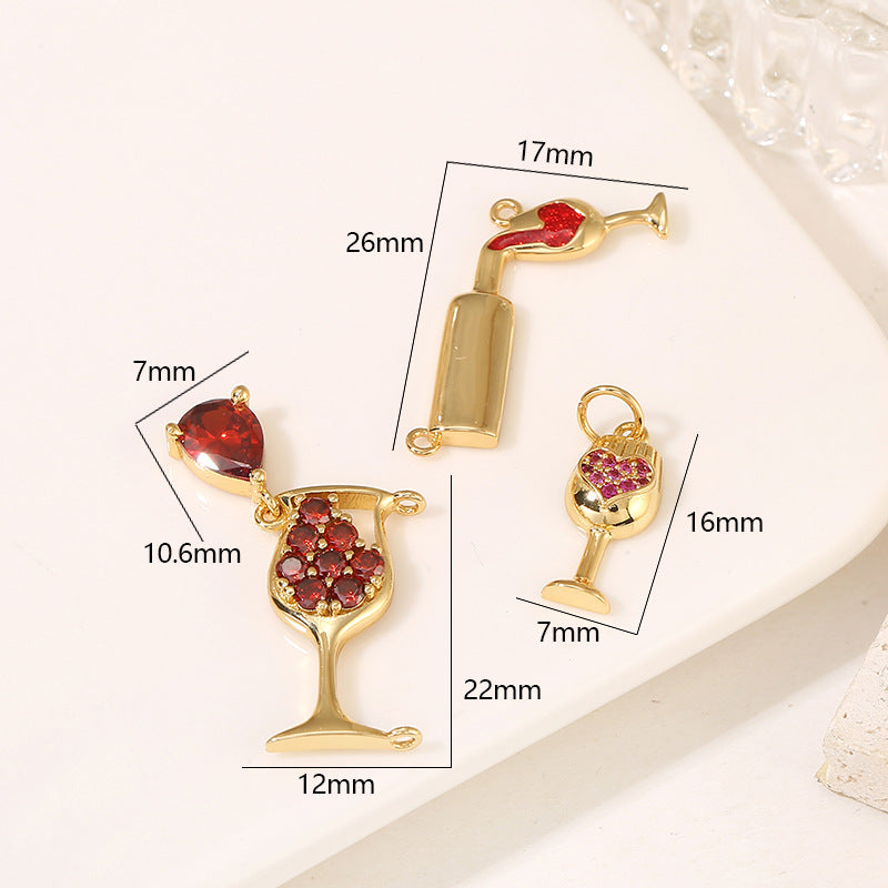 2 Wine Bottle Glass Goblet Charm Pendant Rhinestone Embellished 14K GF