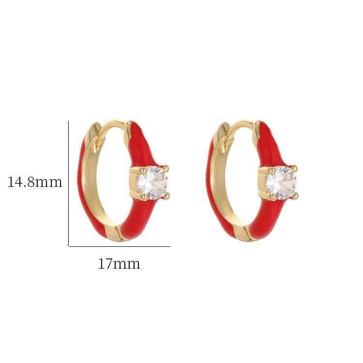 4 One Stone Hoop Earrings Enamel Epoxy Rhinestone Embellished 14K GF Earing