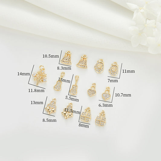 2 Gitarren-Herz-Schloss-Handschuh-Glocken-Blatt-Baum-Charm-Anhänger mit Strasssteinen verziert 14K GF