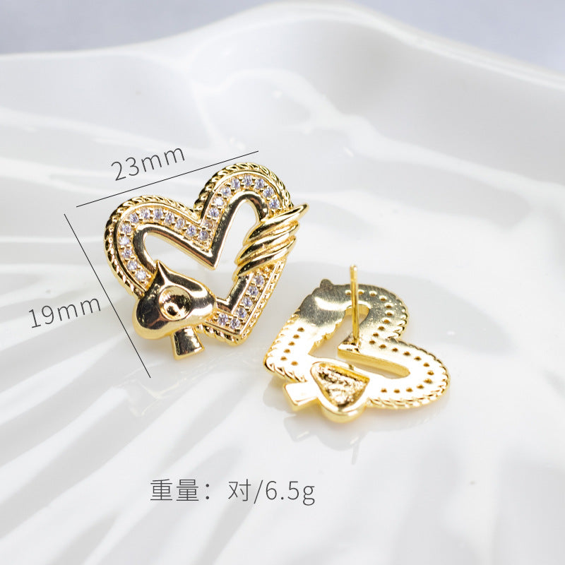 4 Heart Stud Earrings Rhinestone Embellished 14K GF Earing