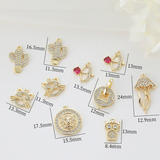 2 Pfeil-Katze-Kaktus-Quallen-Eulen-Löwe-Münzen-Charm-Anhänger mit Strasssteinen verziert, 14K GF