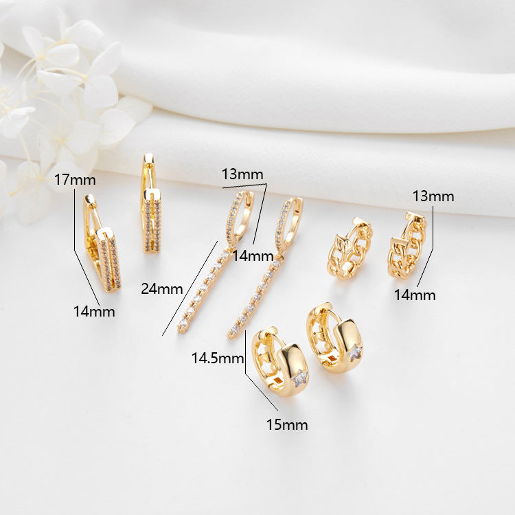 4 hohle Kabelketten-Rechteckkrallen-Stern-Creolen mit Strassverzierung aus 14-Karat-GF-Ohrring