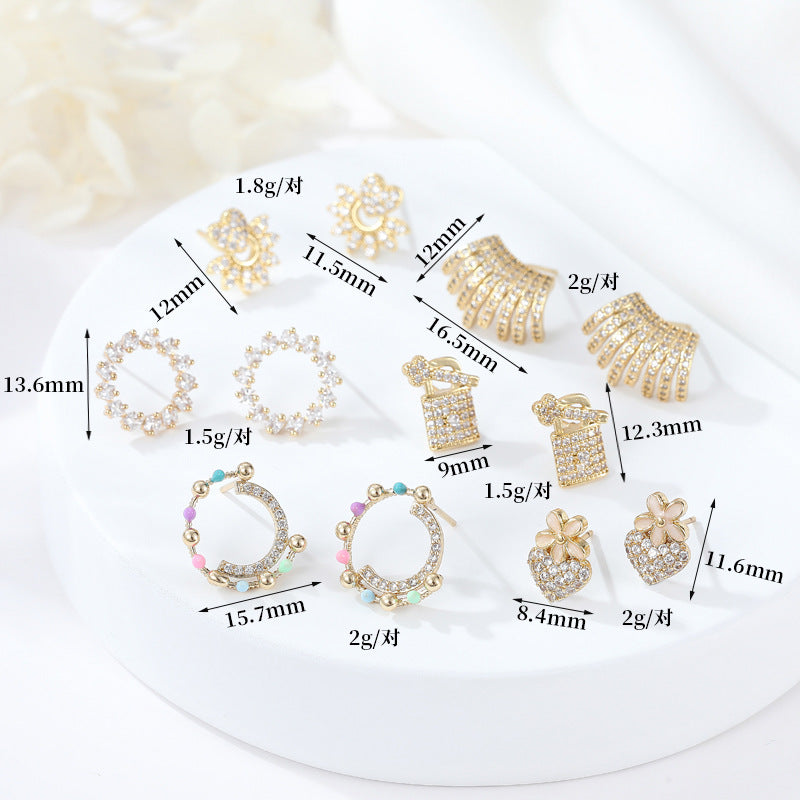 Boucles d'oreilles à tige en forme de cœur, 4 cercles perlés, ornées de strass 14K GF