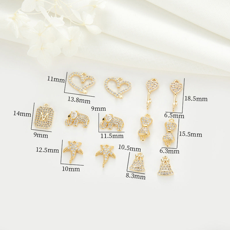 2 clés étoile de mer éléphant nœud papillon coeur cloche pendentif à breloque strass embelli 14K GF