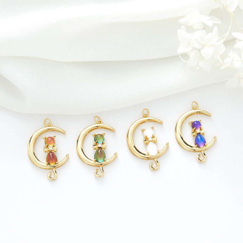 2 Cateye-Steine, Astronaut auf Mond, Rakete, Schwan, Katze, Charm-Anhänger, Harz, Strass, verziert, 14 K GF