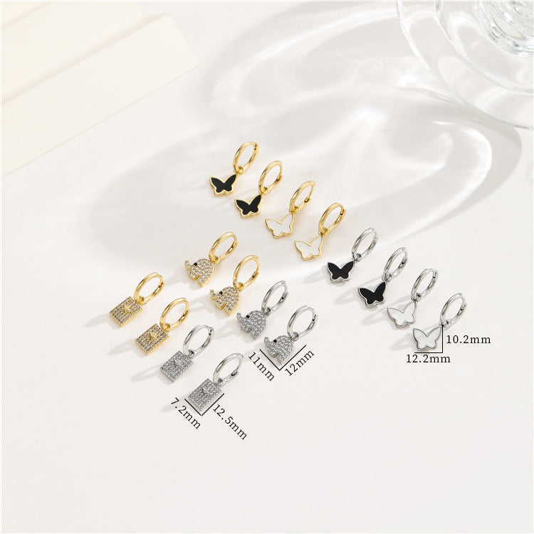 4-Sterne-Elefant-Schmetterlings-Charm-Kreis-Creolen, Emaille-Epoxidharz-Strassverzierung, 14K GF-Ohrring