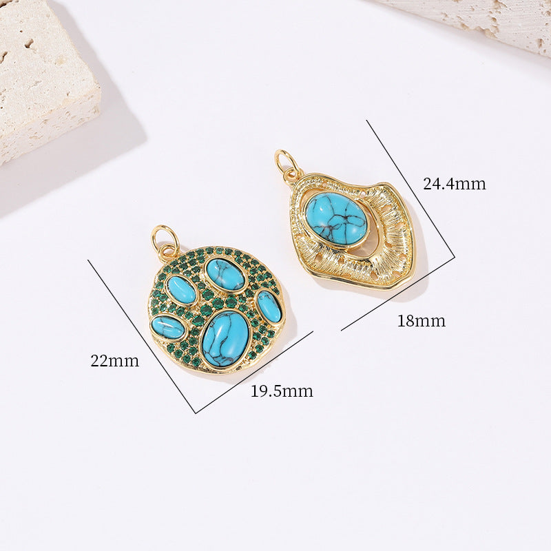 2 pendentifs de charme ovales de forme irrégulière, résine turquoise, strass embellis 14K GF