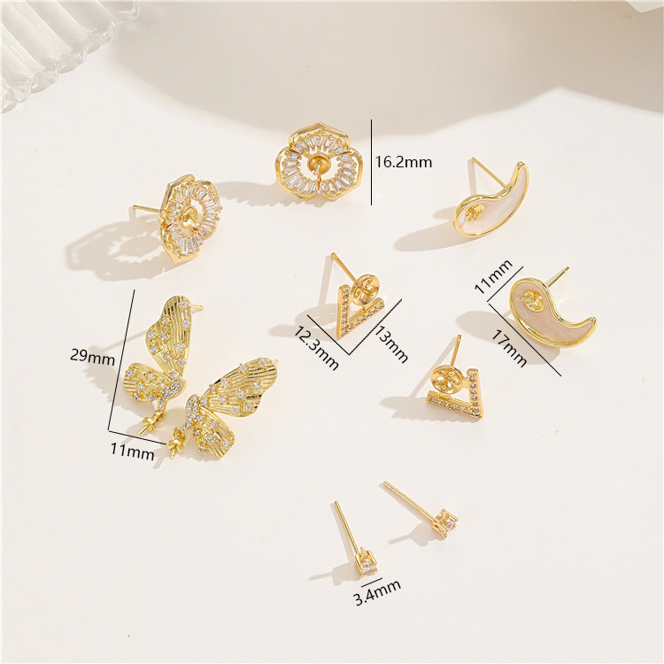 4 boucles d'oreilles florales à tige ornées de strass 14 carats GF, perles semi-percées vierges