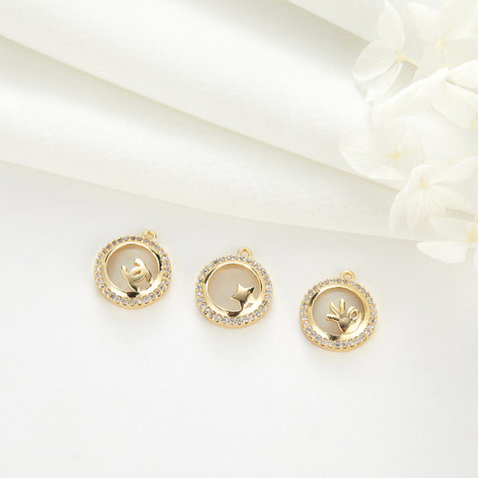 2 runder Kreis-Stern-OK-Münzen-Charm-Anhänger mit Strassverzierung aus 14-karätigem GF