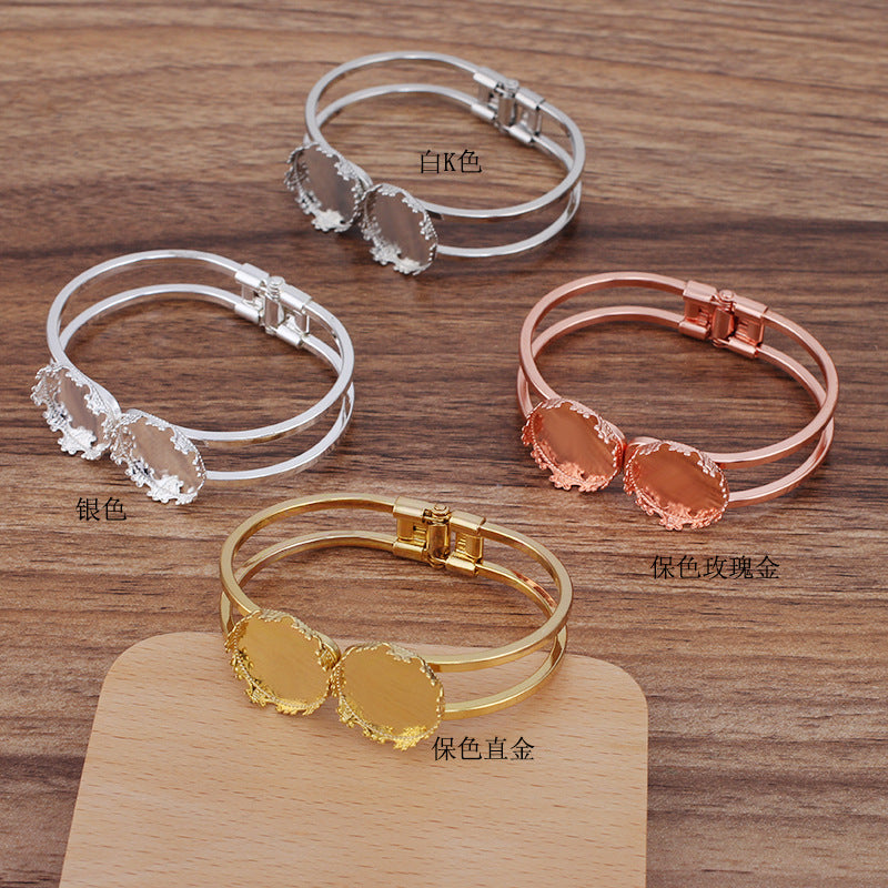 50 Crown Edge Bezel Cup Two Row Openable Circle Bangle 18KGP 20mm Double Round Cabochon Blank Base Gemstone Piece Setting