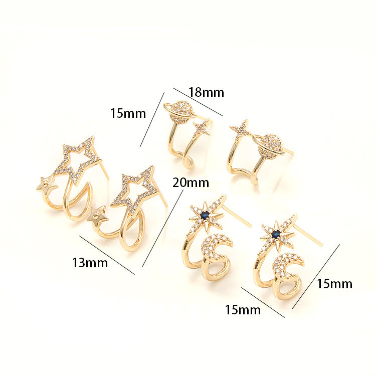 4 Stern Planet Mond Halbkreis Ohrstecker 14K GF Strass verzierte Ohrringe