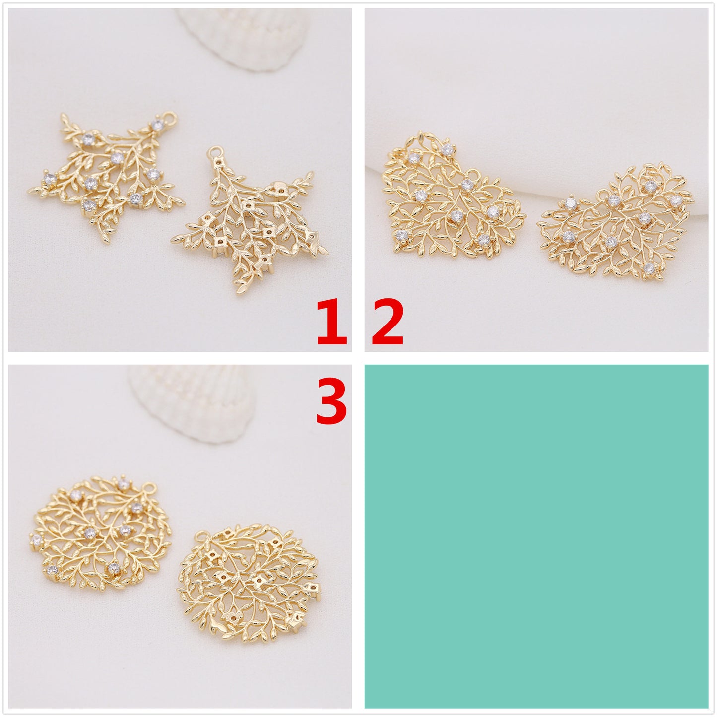 5 branches creuses de feuilles, pendentif à breloque rond en forme d'étoile et de cœur, orné de strass, 14K GF