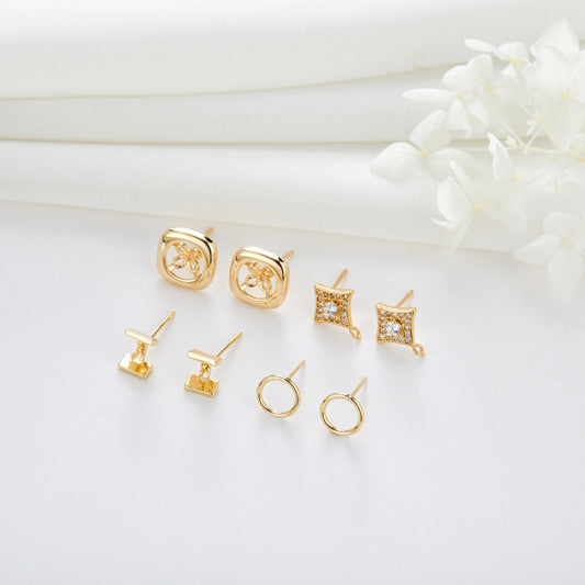 4 Round Circle Square Star Stud Earrings 14K GF Earing Half Drilled Pearl Bead Blank