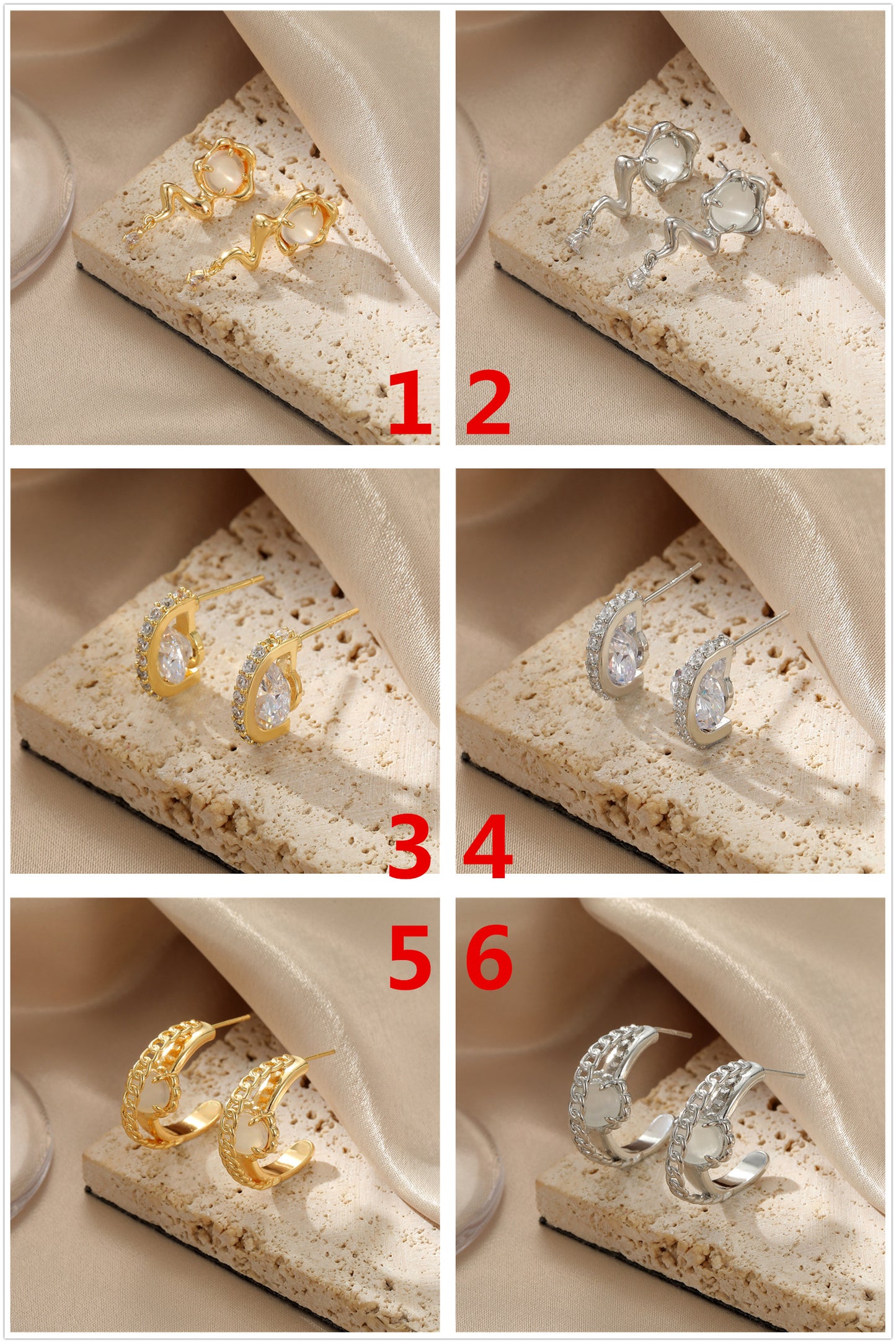 4 boucles d'oreilles à tige en forme de cercle semi-chaîne Flash 14K GF ornées de strass