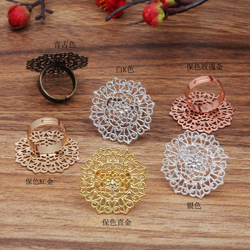 100 anneau de cercle ouvrable de charme floral en filigrane plat 18KGP 32mm cabochon base vierge réglage de pierres précieuses