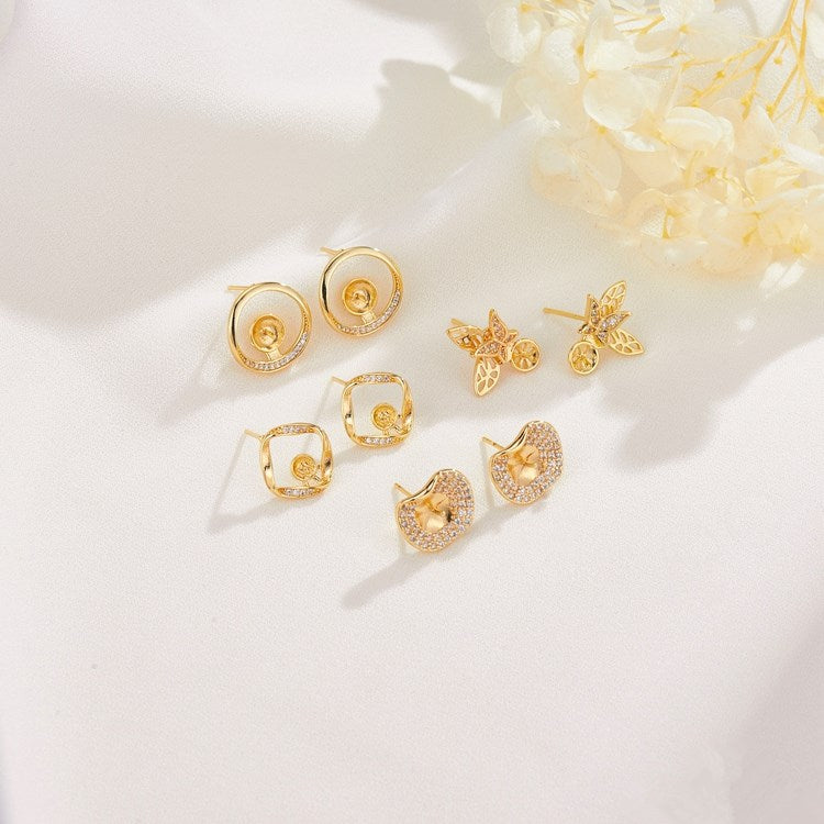4 boucles d'oreilles rondes, carrées, papillon, ornées de strass, 14K GF, boucles d'oreilles à moitié percées, perles vierges