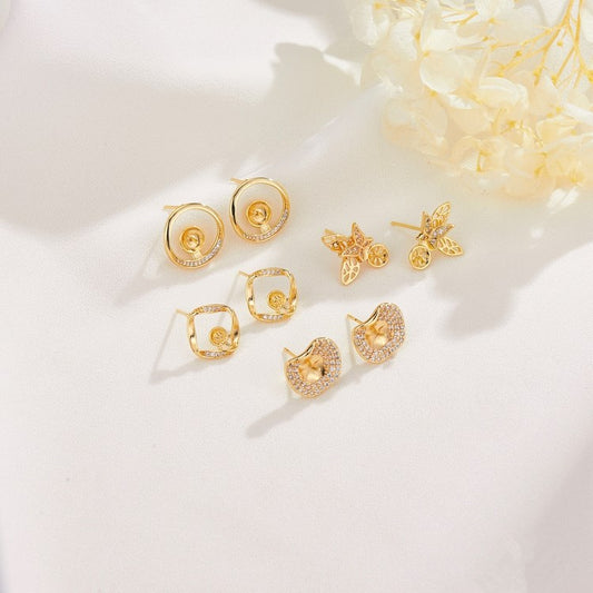 4 runde, quadratische, kreisförmige Schmetterlings-Ohrstecker, Strassverzierung, 14K GF-Ohrring, halbgebohrte Perle, Rohling