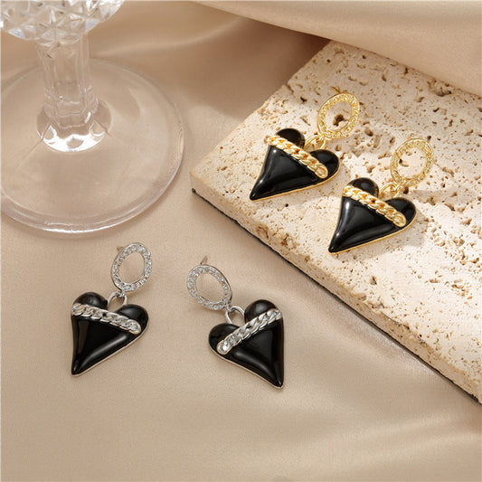 Boucles d'oreilles à tige avec breloque en forme de cœur, émail époxy 14K GF, ornées de strass