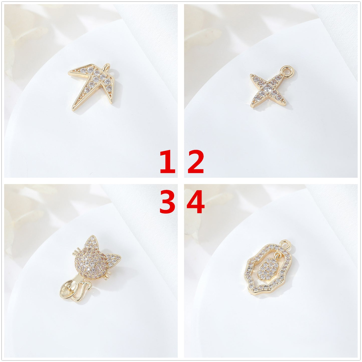 2 Feuilles Étoile Chat Flash Pomme Carré Hexagone Charme Pendentif Strass Embelli 14K GF