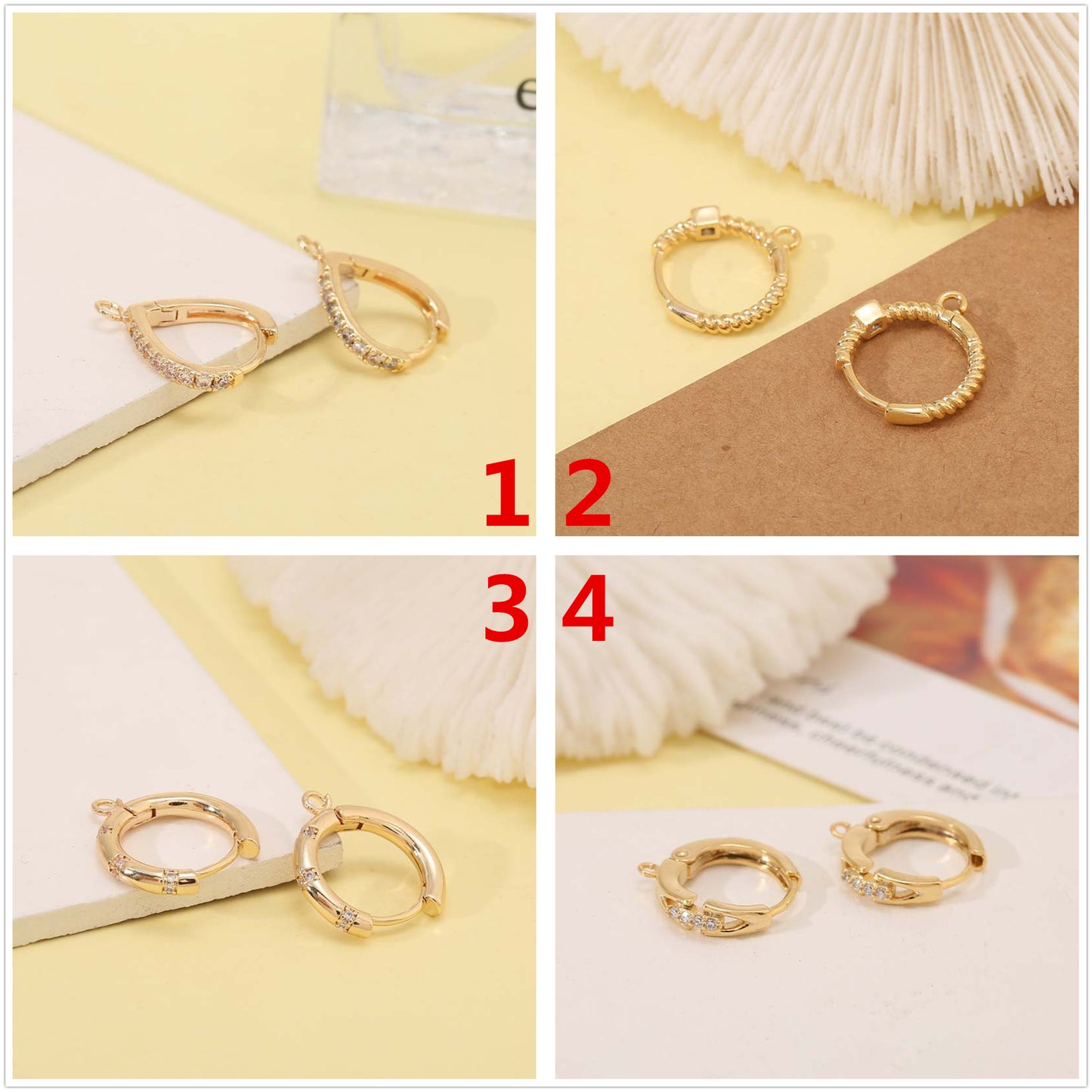 4 Round Hoop Earrings with Loop Rhinestone Embellished 14K GF Earing