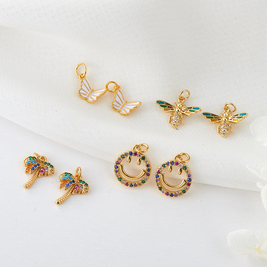 2 Butterfly Bee Coconut Tree Smile Face Charm Pendant Enamel Epoxy 14K GF Rhinestone Embellished