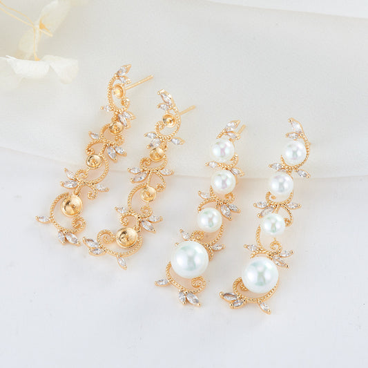 4 Floral Branch Stud Earrings Rhinestone Embellished 14K GF Earing Half Drilled Pearl Bead Blank