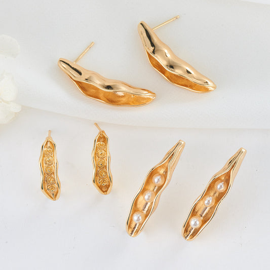 4 Pea Bean Pod Stud Earrings 14K GF Earing Half Drilled Pearl Bead Blank