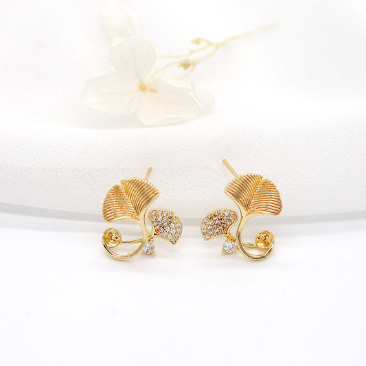 4 Ginkgo-Blatt-Ohrstecker, mit Strasssteinen verziert, 14-Karat-GF-Ohrring, halbgebohrte Perle, Rohling