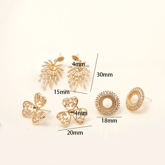 4 runde Kreis-Ohrstecker mit Blumenklee-Motiv, Strassverzierung, 14-Karat-GF-Ohrring, halbgebohrte Perle, Rohling