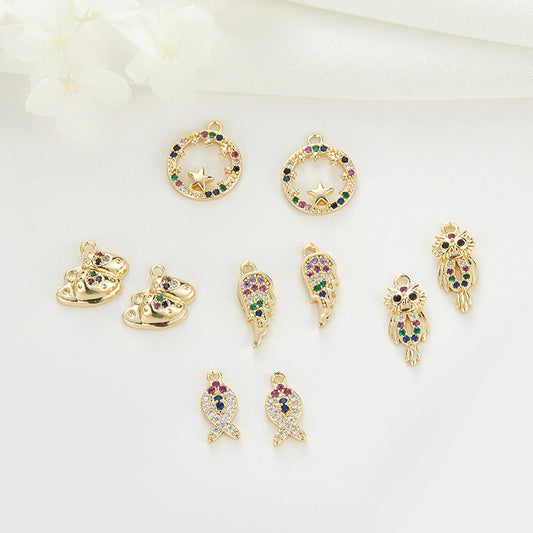 2 Fische Schmetterling Flügel Eule Stern Kreis Charm Anhänger Strass verziert 14K GF